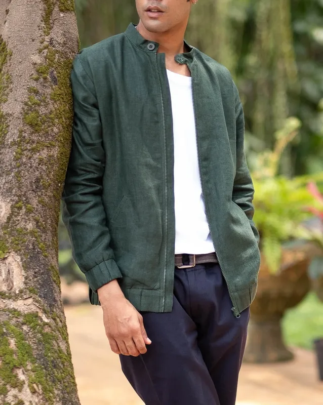 Forest Green Linen Bomber Jacket