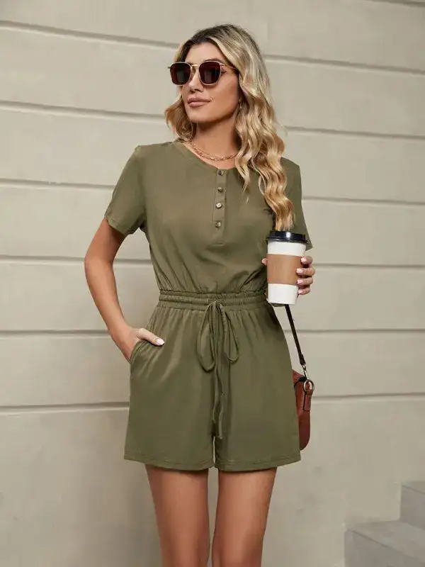 Knit Loose Short Sleeve Button Tie Shorts