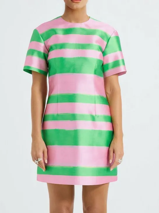 Brushstroke Striped Short Sleeve Loose Mini Dress