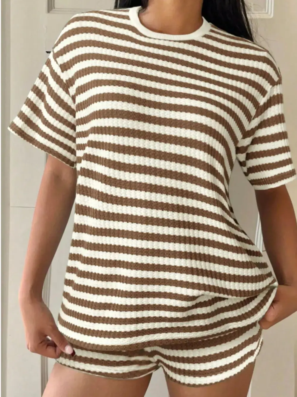 Relaxed Striped Round Neck Top Shorts Set