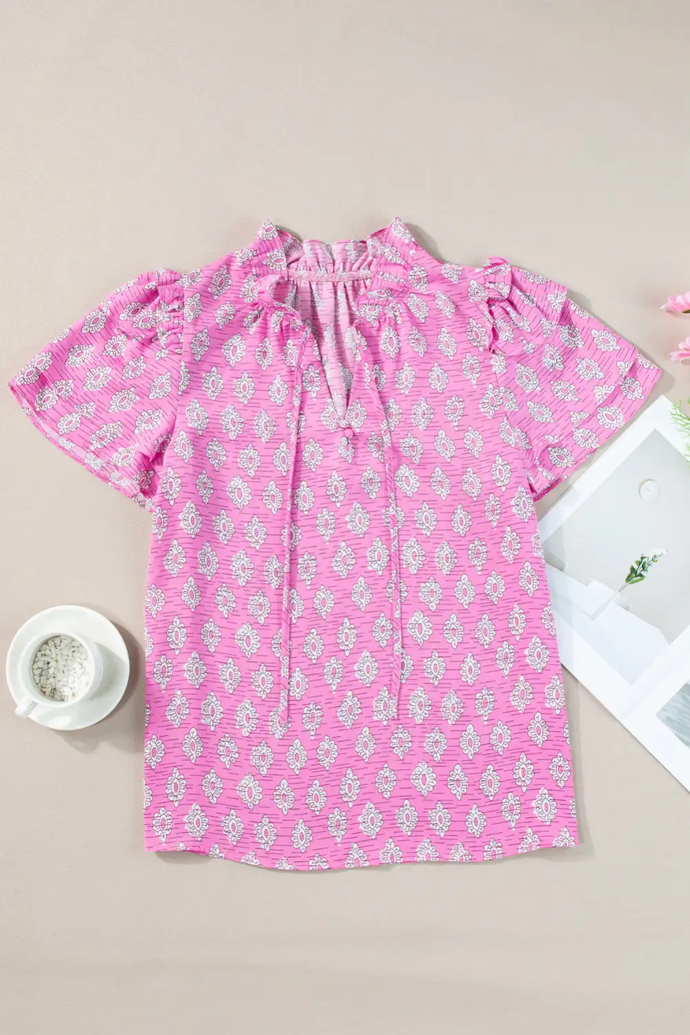Textured Floral Ruffle Sleeve Blouse