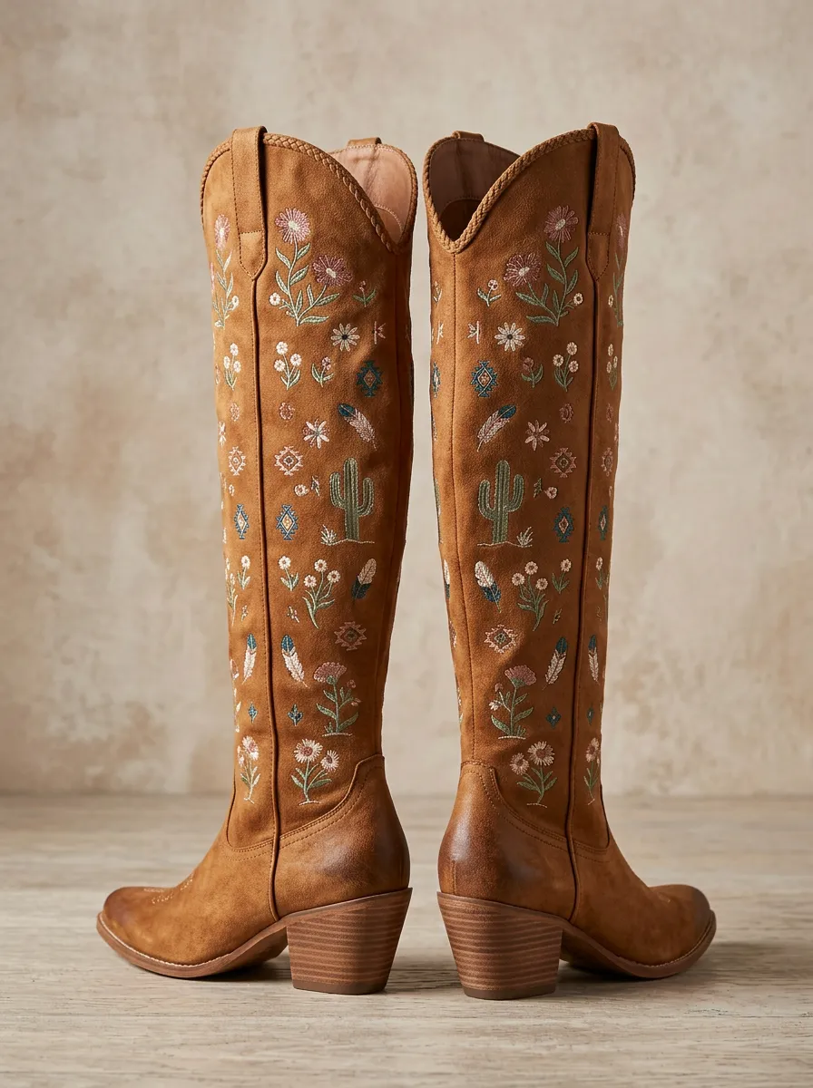 Women's Cactus Floral Geometric Embroidered Braided Block-Heel Western Denim Over-the-Knee Boots