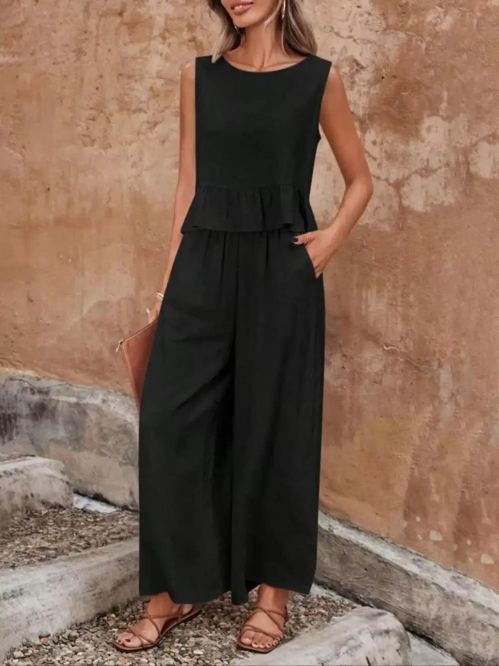 Sleeveless Ruffle Hem Top and Wide Leg Pants Two