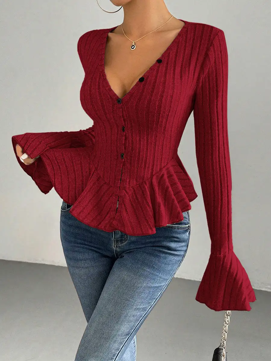 Flared Sleeve Long Sleeve Button Detail Ruffle Panel Detail Deep V-Neck T-Shirt