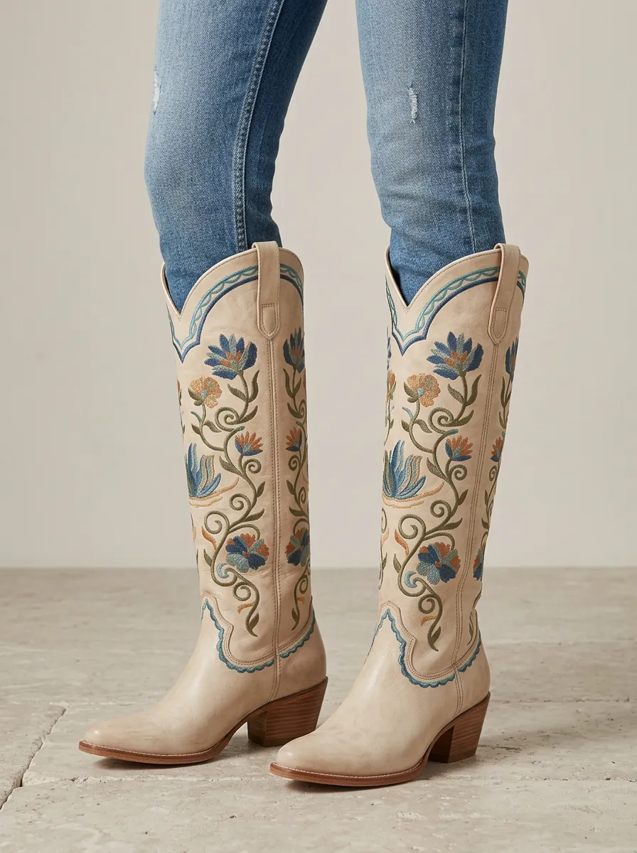 Women's Floral Embroidered Block-Heel Stacked-Heel Western Denim Over-the-Knee Boots