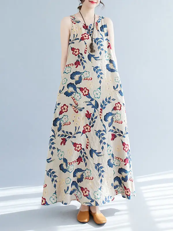 Floral Printed Sleeveless Neck Maxi Dress