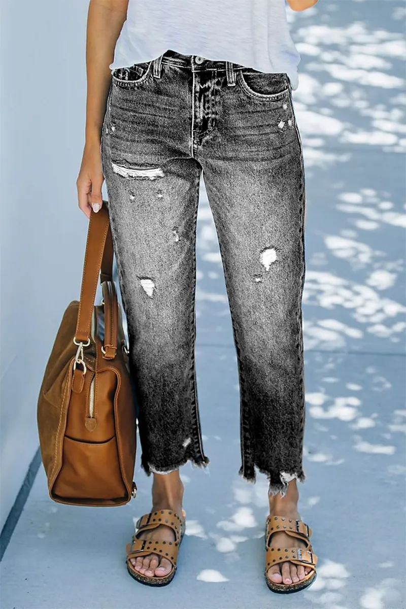 Ripped Raw Hem Zip Fly Jeans