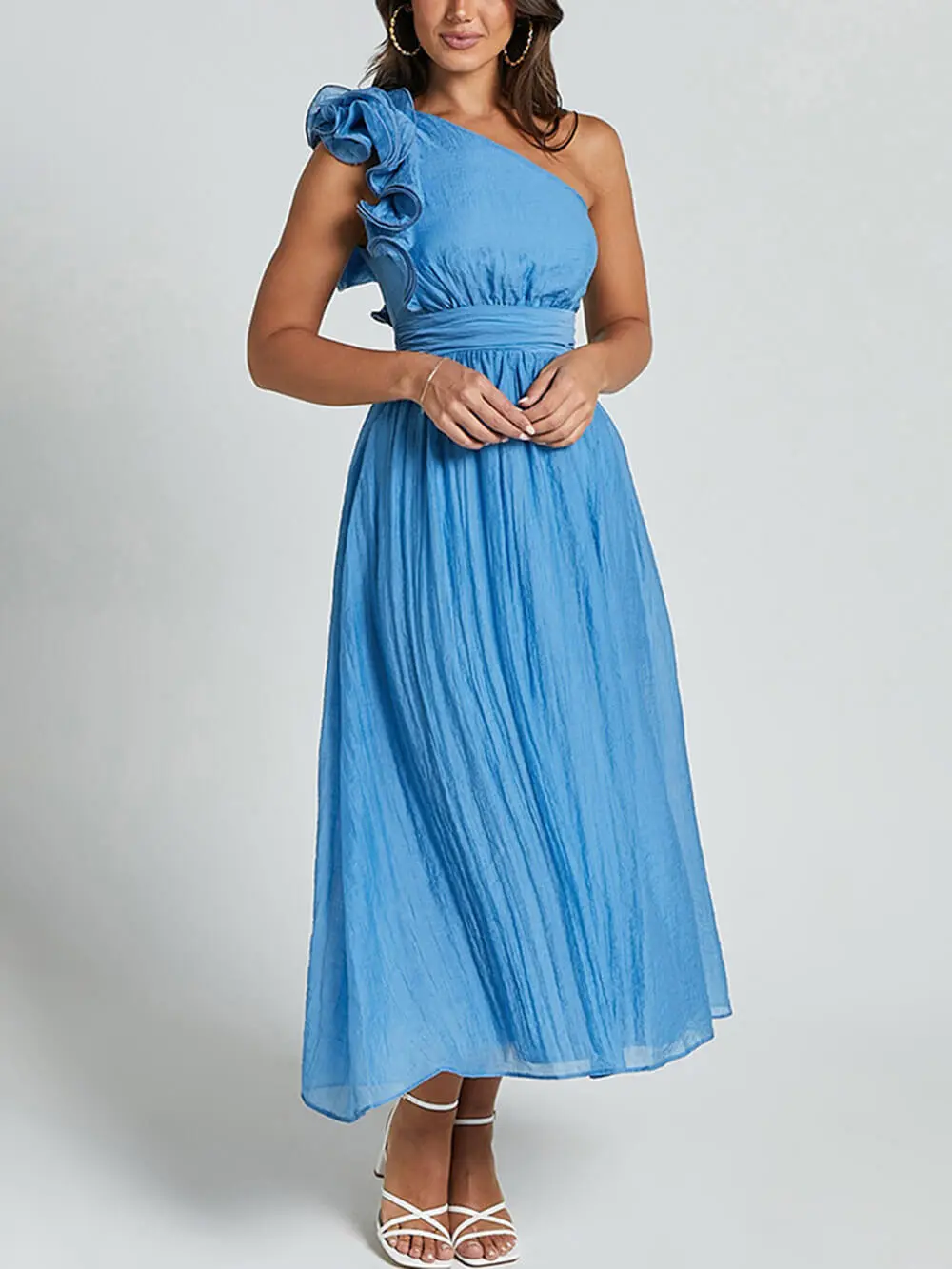 Romantic Seaside One Shoulder Frill Detail Midi Dress