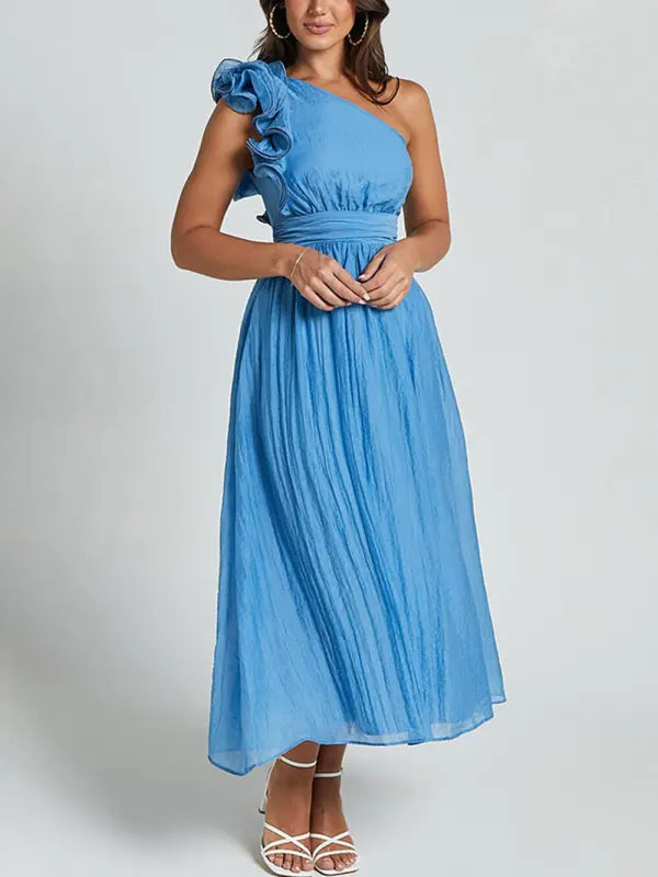 Romantic Seaside One Shoulder Frill Detail Midi Dress