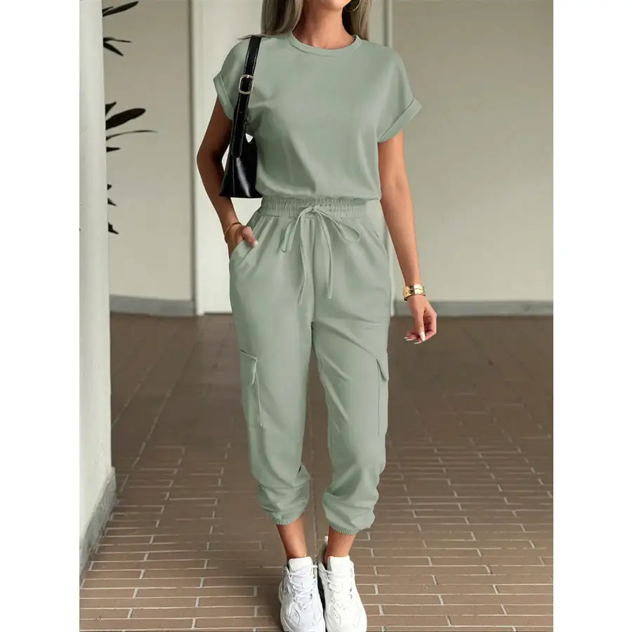 Round Neck Short Sleeve Top and Pants Set