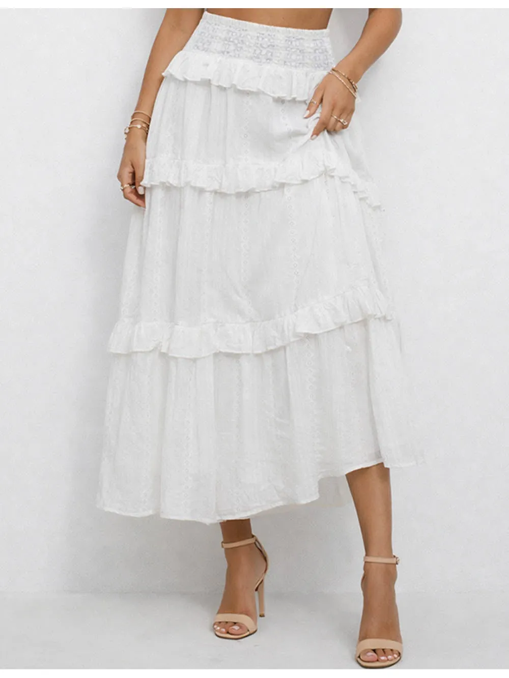 Tiered Rufflesmocked Waist Midi Skirt