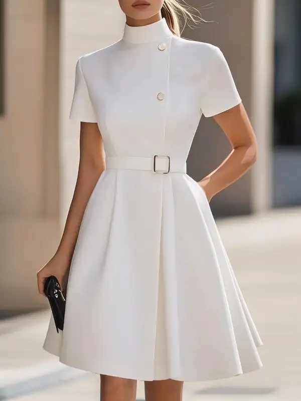 Belted Buttoned Solid Color Short Sleeve Stand Collar Mini Dress