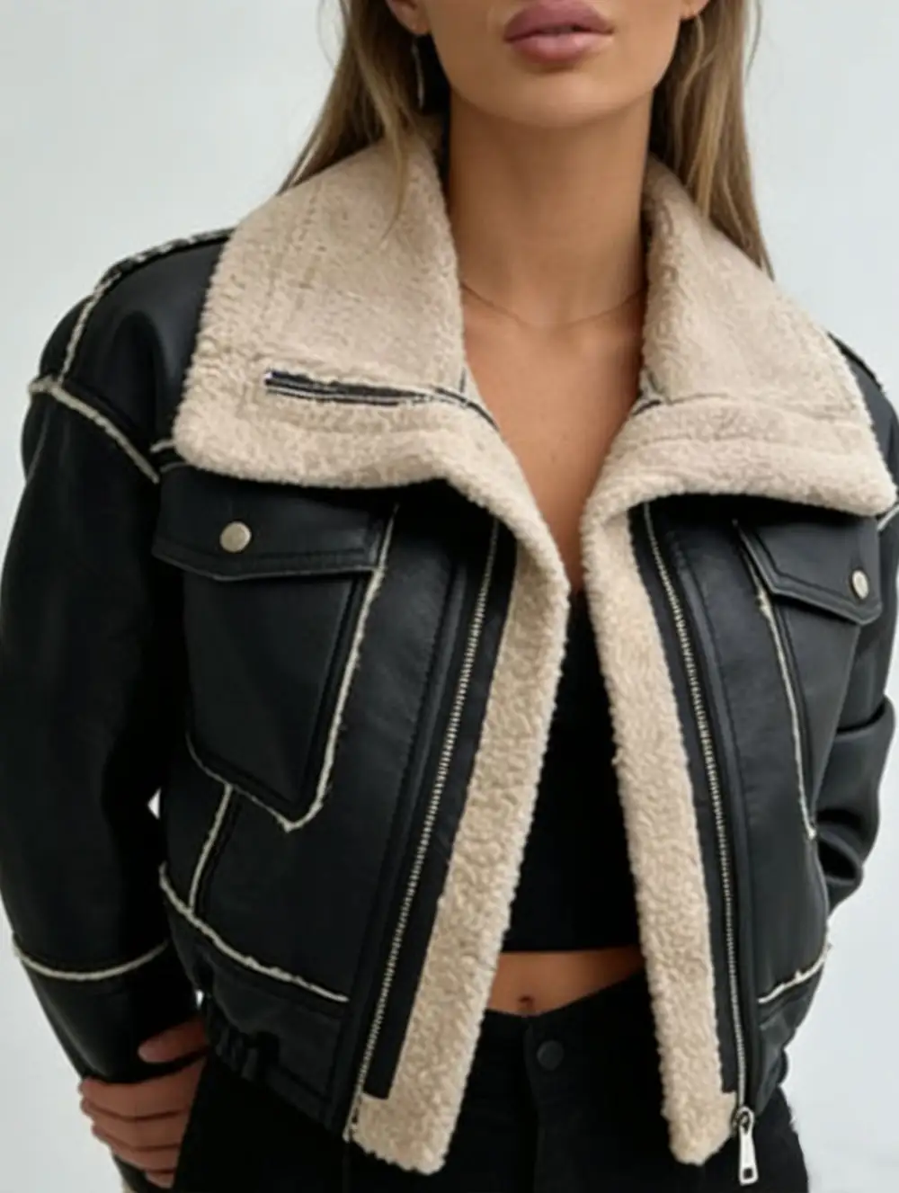 Short Zip Front Motorcycle Pu Leather Jacket