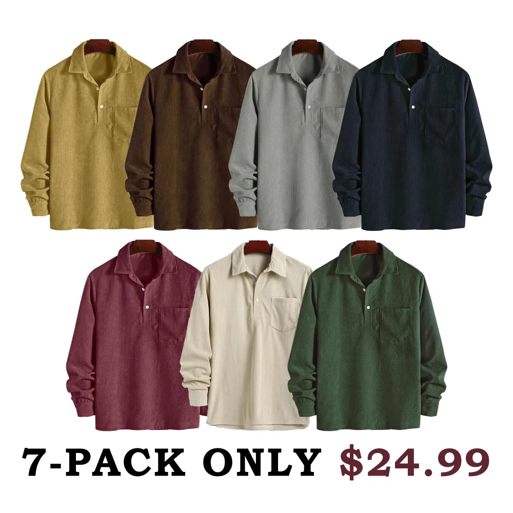🔥Last Day 49% Offer-Men's Plain Pocket Half Button Corduroy Shirt, Casual Comfy Regular Fit Long Sleeve Collared Top For Fall & Winter, Men's Clothes For Daily Wear