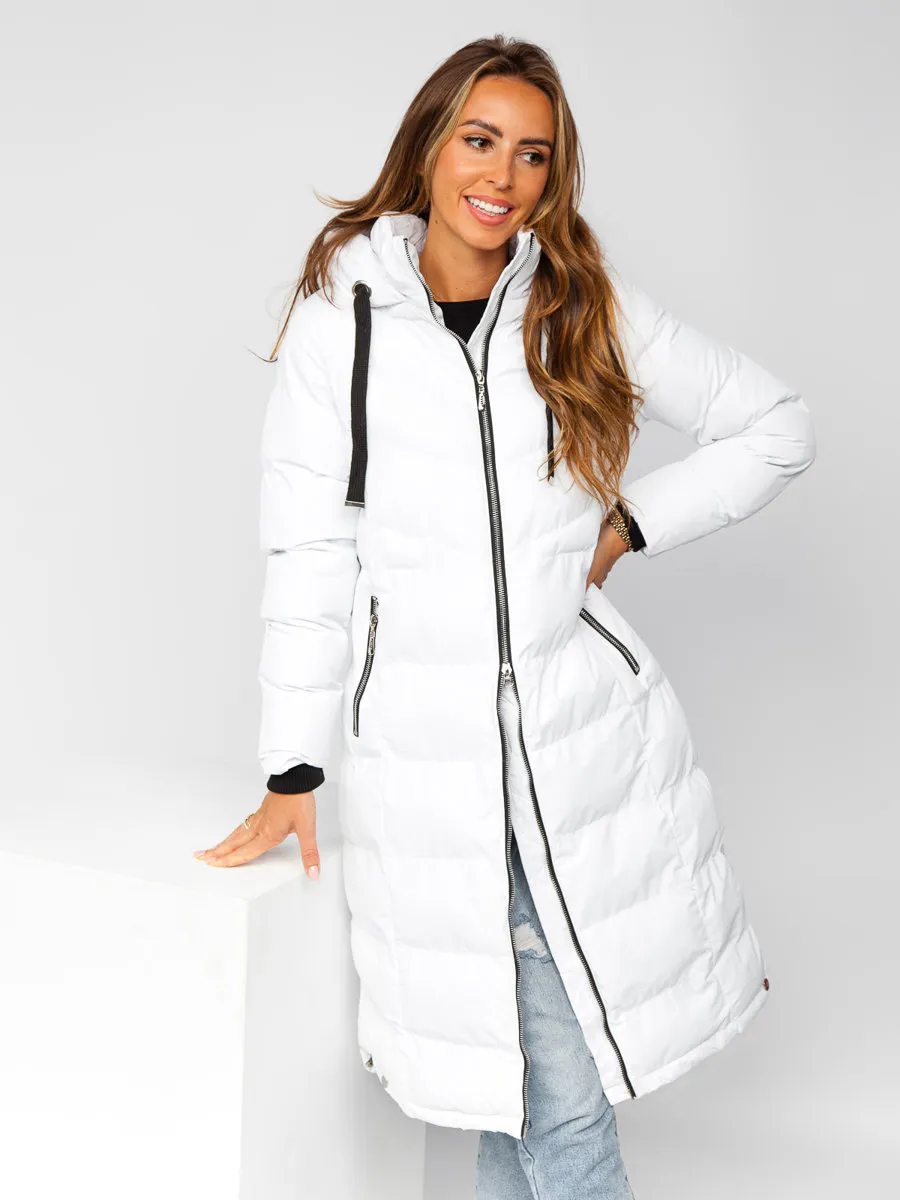 White women's long quilted winter jacket with hood