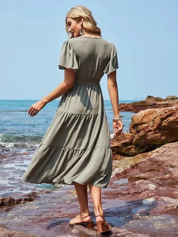 Women Surplice Front Ruffle Hem Belted Dress