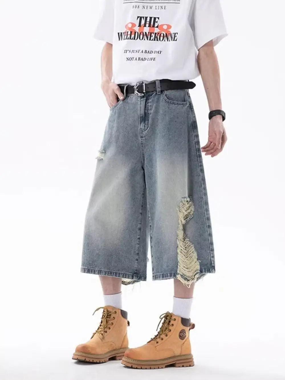 Men's Full Size Ripped Wide Leg Denim Shorts