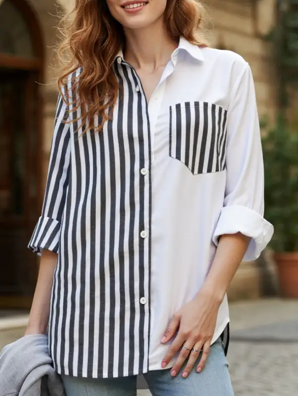 Lapel Patchwork Top Shirt