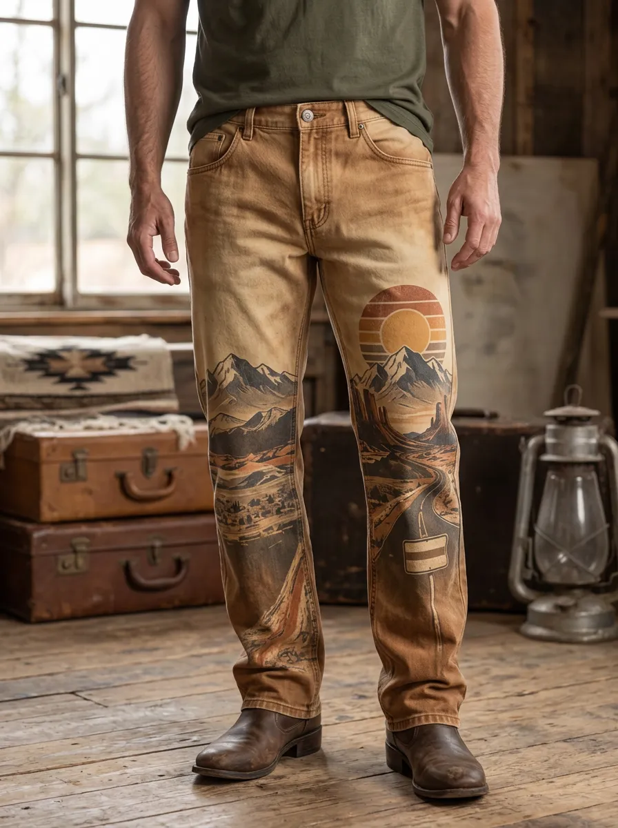 Men's Western Landscape Sunset Mountain Printed Pants