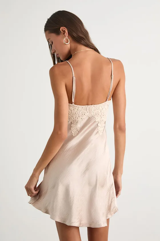 Maylene Champagne Satin Crochet Lace Slip Mini Dress