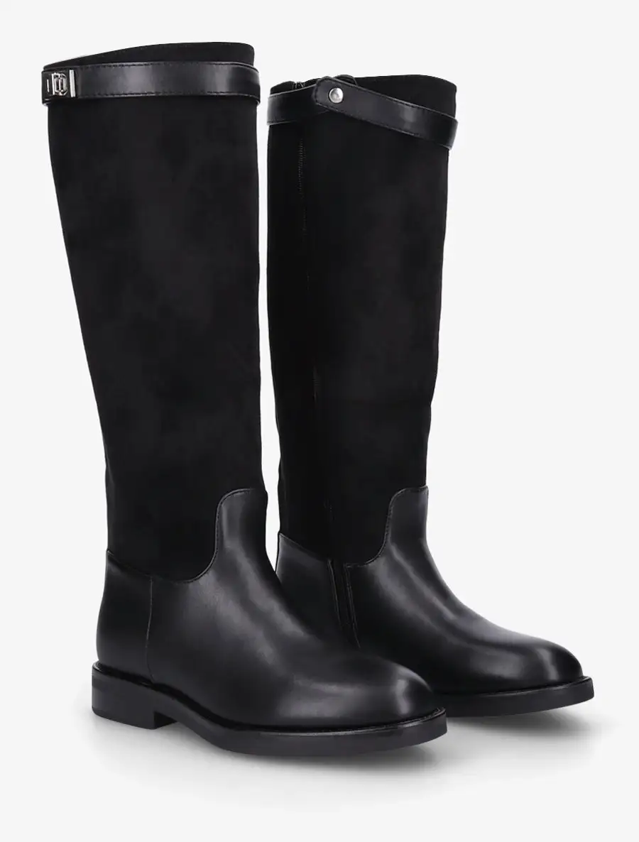 Refined Buckle Detail Block Heel Faux Suede Faux Leather Knee High Boots