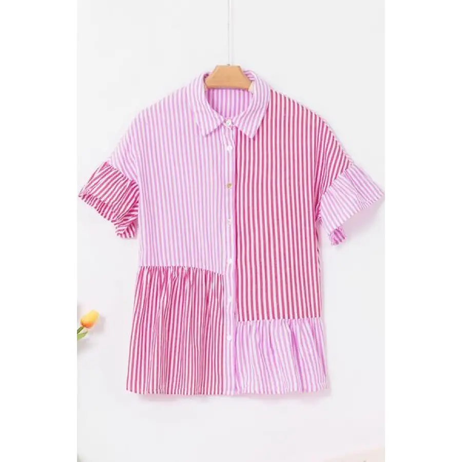 Button Down Striped Ruffled Hem Shirt