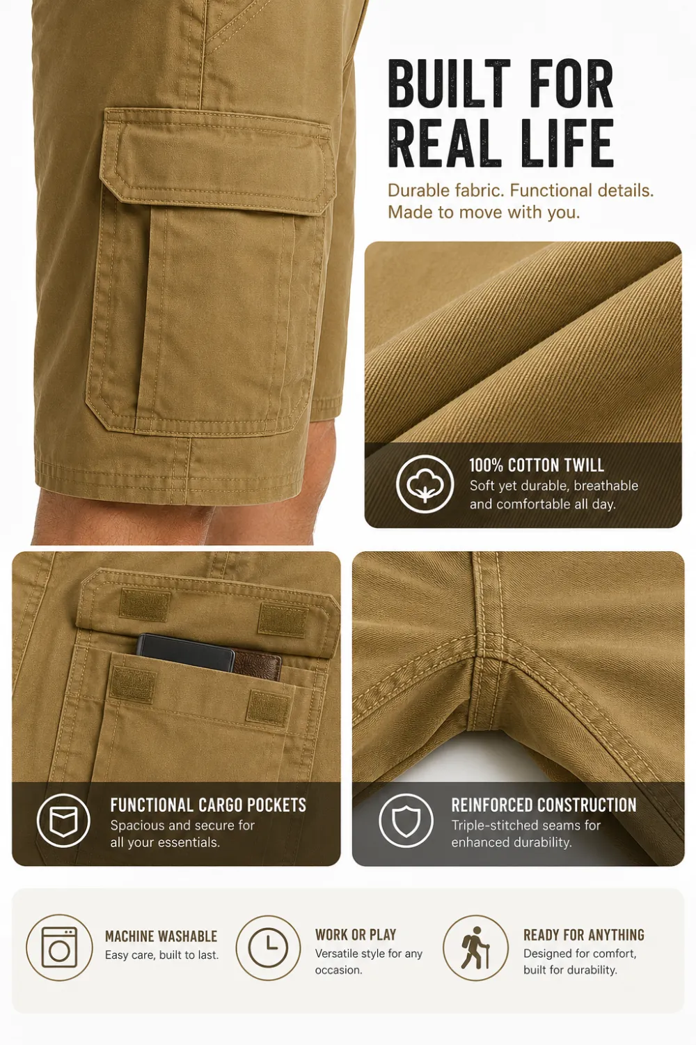 Men's Washed Cotton Twill Cargo Shorts