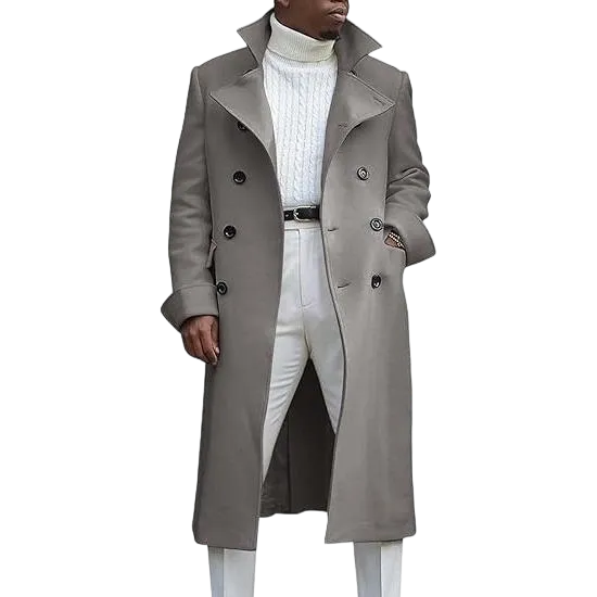 Men's Notch Lapel Double Breasted Long Trench Coat Casual Cotton Blend Peacoat