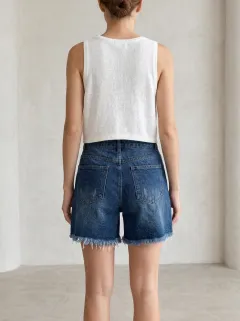 Women's High-Waisted Raw Hem Patch Pocket Denim Shorts