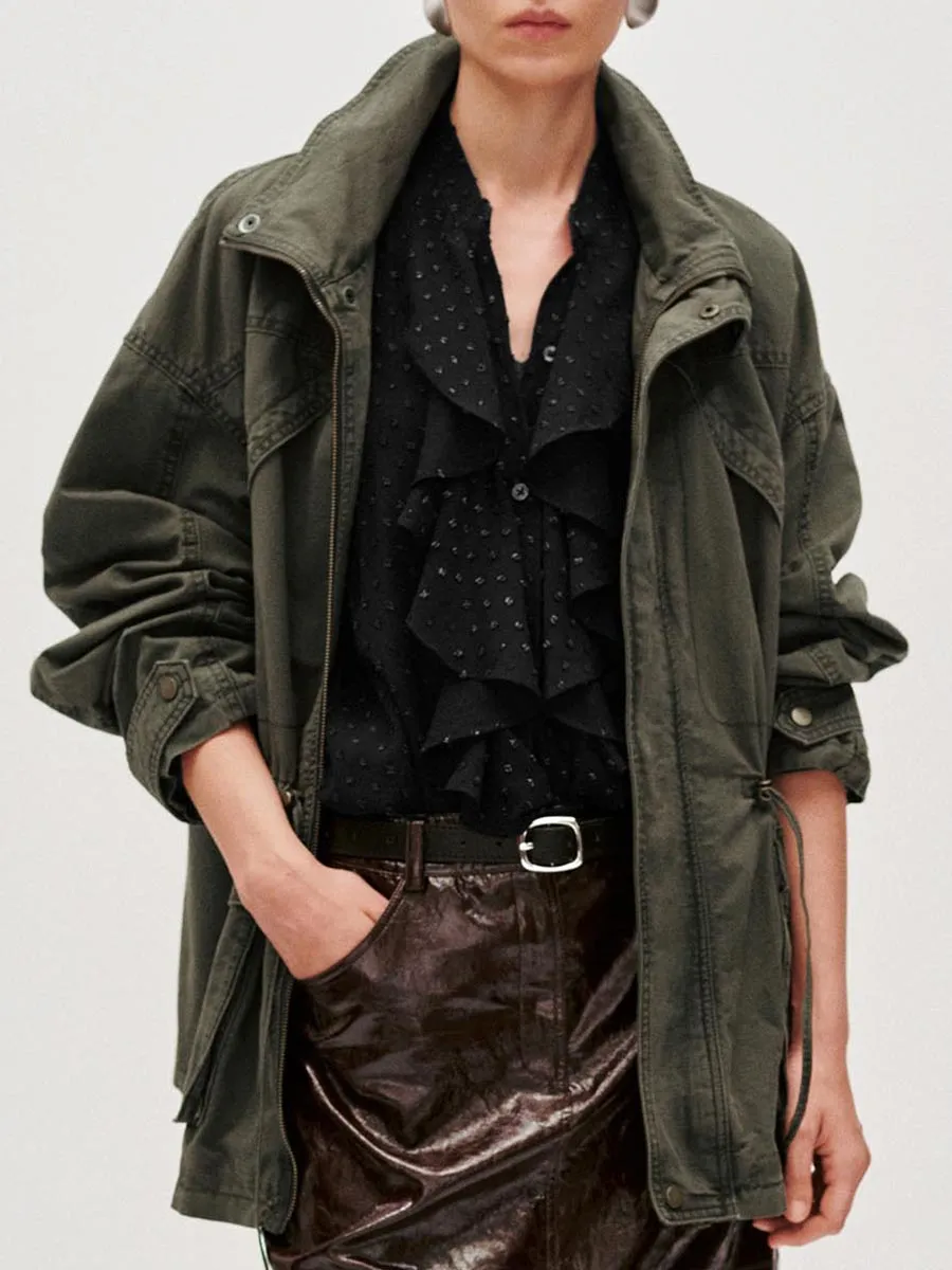 Ladies' Green Lapel Casual Long Jacket