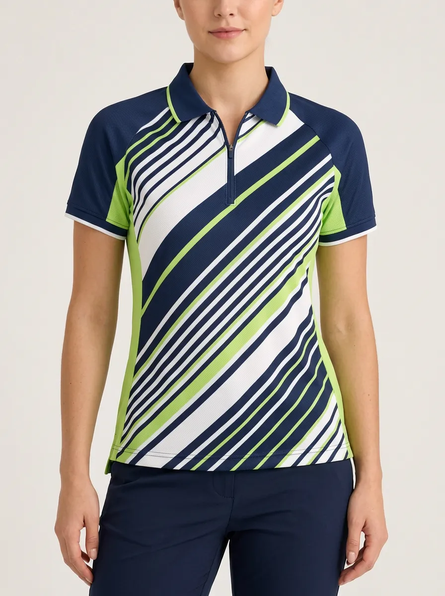 Women's Golf Sporty Lime Green Navy Striped Printed Polo Shirt