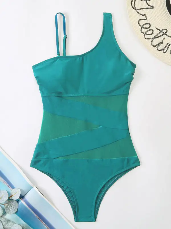 Asymmetrical Gauze Spliced One Piece Swimsuit