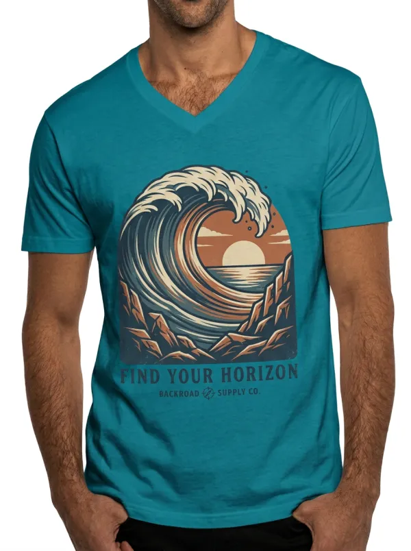 Men's Ocean Wave Sunset Find Your Horizon Printed V-Neck T-Shirt