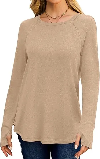 Womens Tunic Tops to Wear with Leggings Long Sleeve Thumb Hole Shirts Crew Neck Curved Hem
