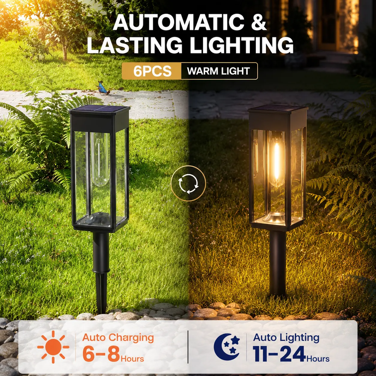 6-Pack Solar Pathway Lights - Warm White or Cool White - Charges by Day, Lights After Dark