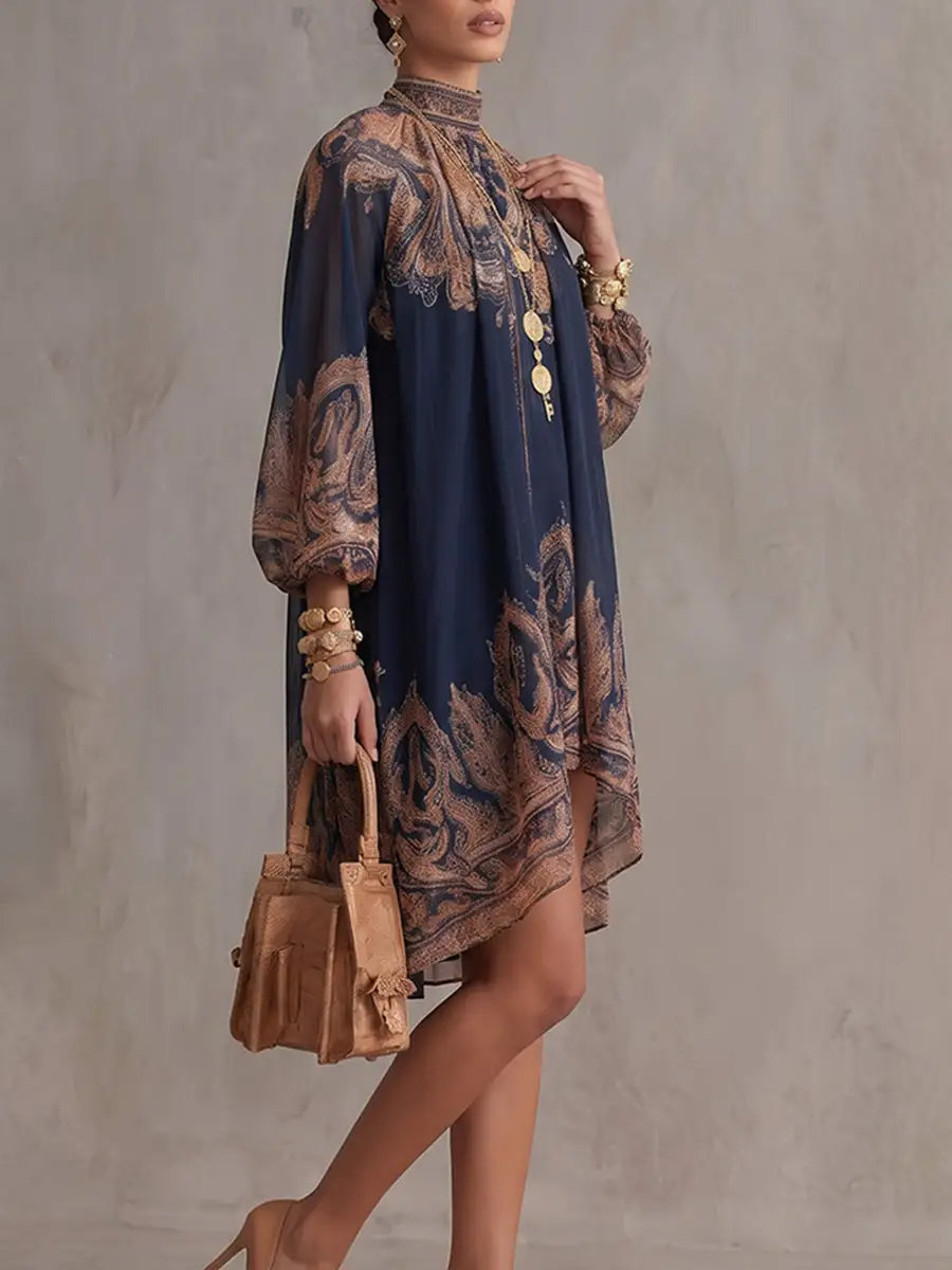High Low Long Sleeve Pleated Printed Mock Neck Mini Dress
