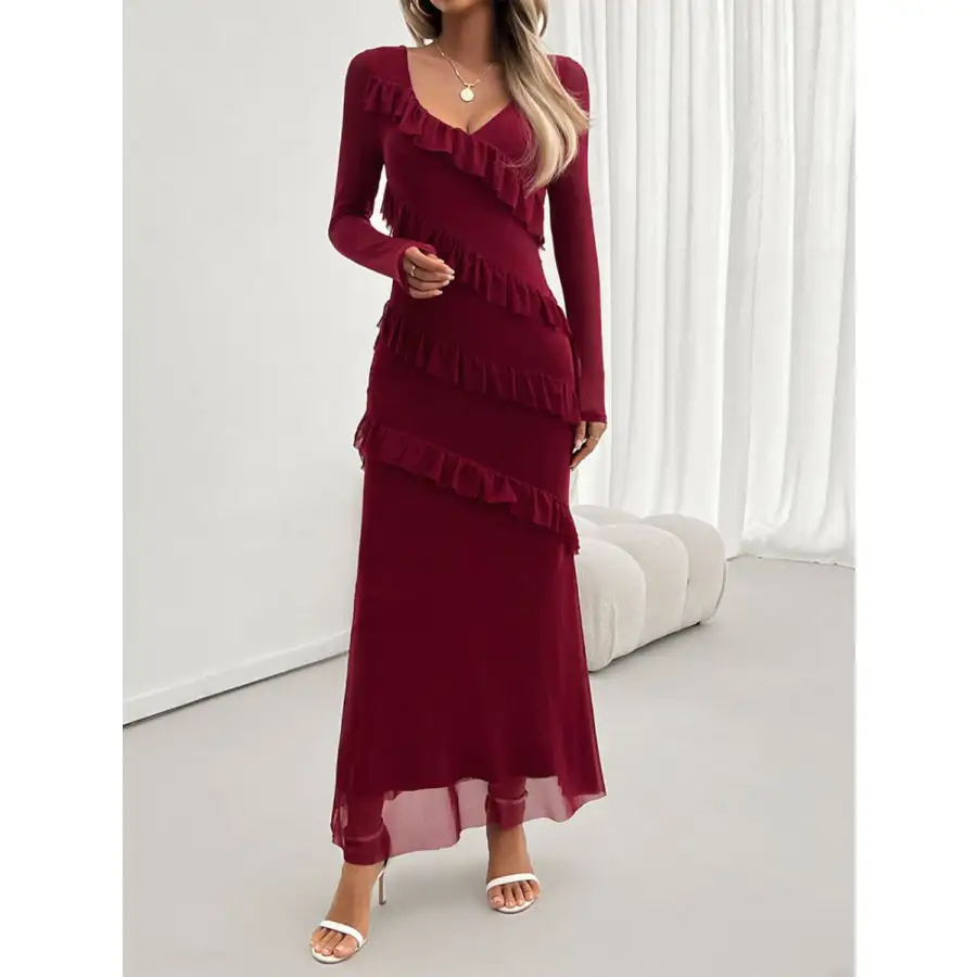 Devine Ruffled Surplice Long Sleeve Maxi Dress