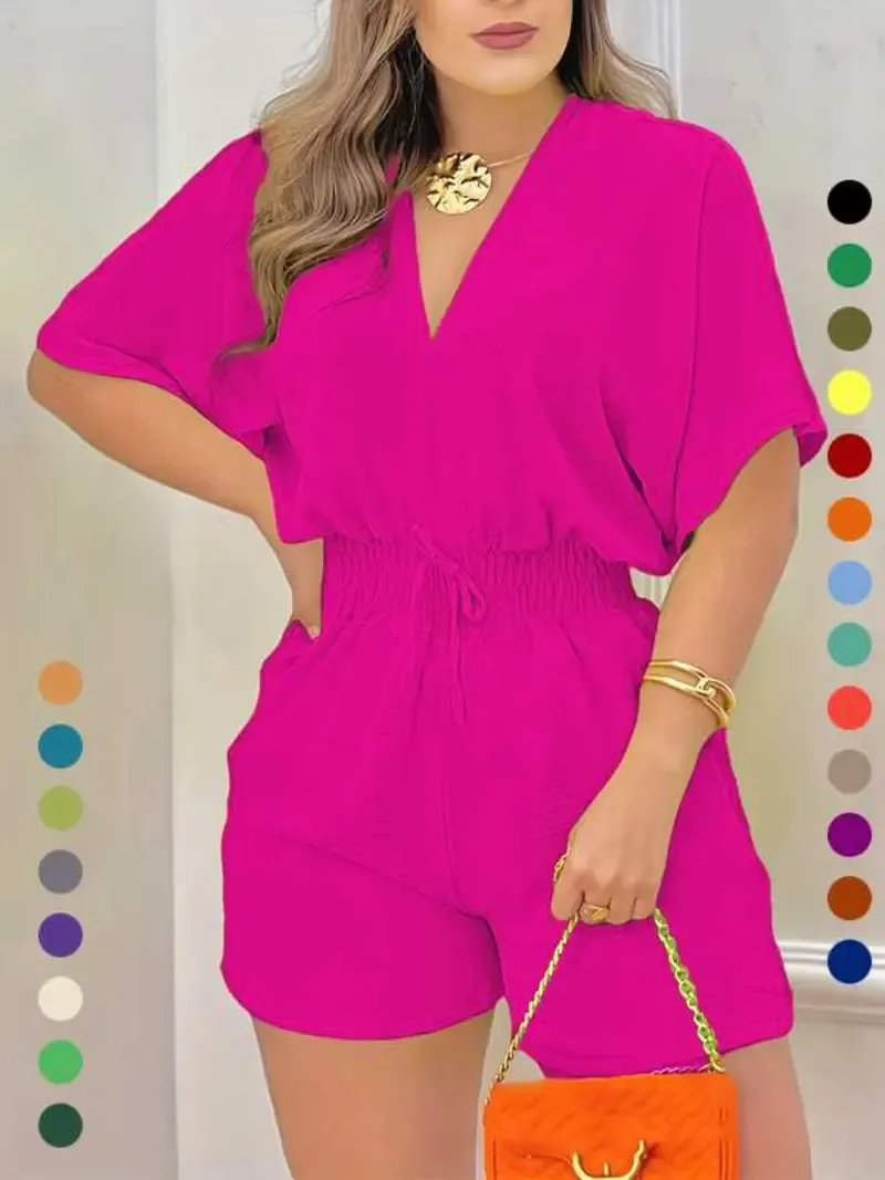 Women's Solid-Color V-Neck Jumpsuit with Drawstring Waist
