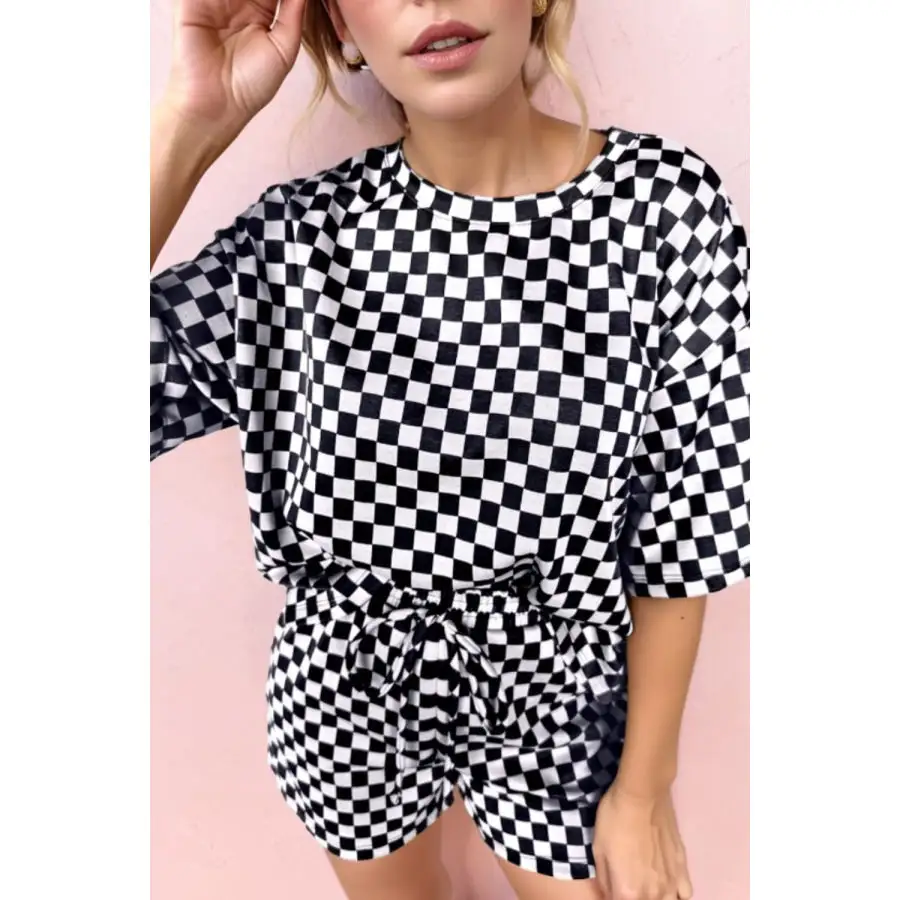 Checkered Round Neck Top and Shorts Set