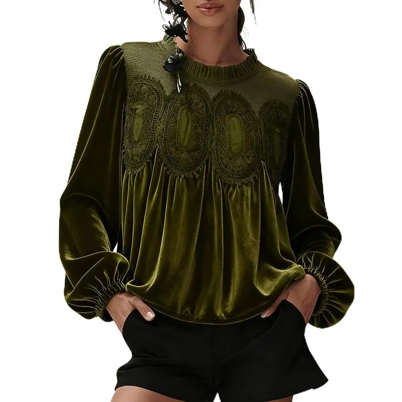 Women'S Long Sleeve Velvet Trim Lace Blouse Elegant Flared Swing Top