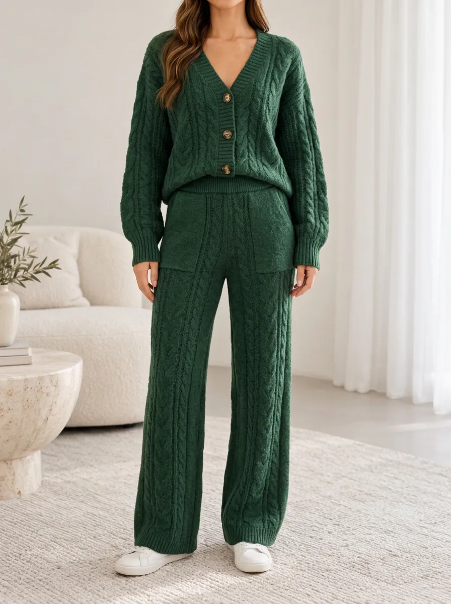 Clean Lined Cardigan and Wide Leg Pants Knitwear Set