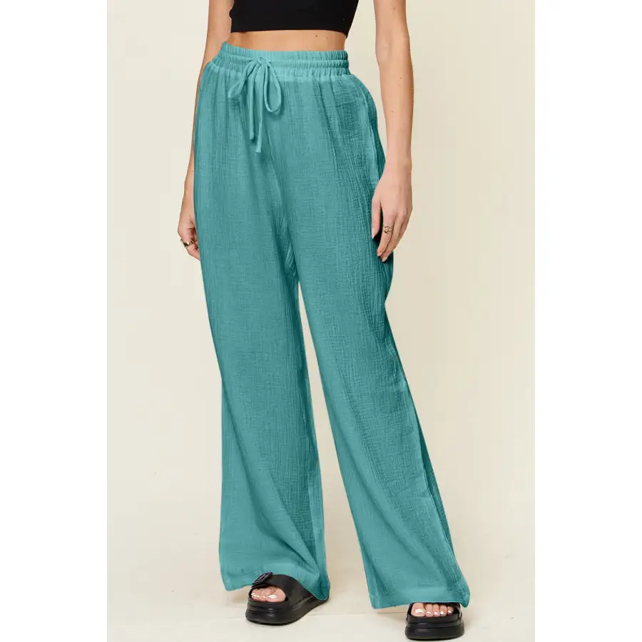 Full Size Texture Drawstring Wide Leg Pants