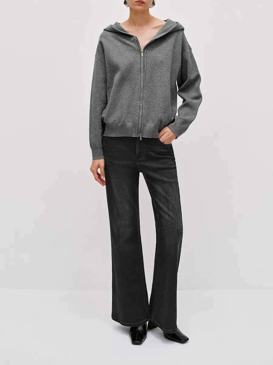 Lady's Grey Casual Style Loose Hoodie With A Zipper