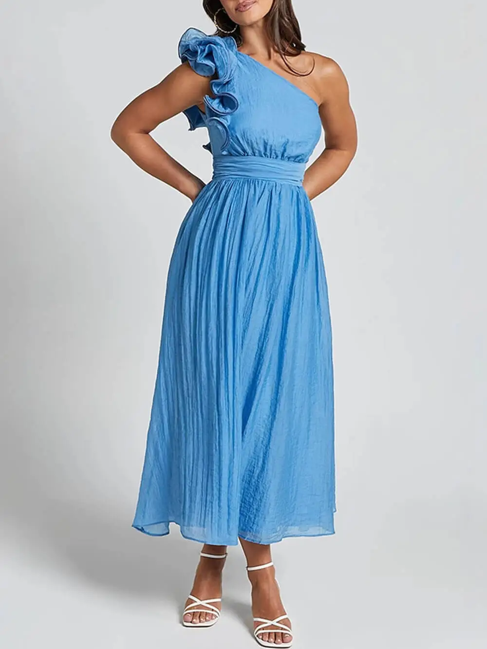 Romantic Seaside One Shoulder Frill Detail Midi Dress
