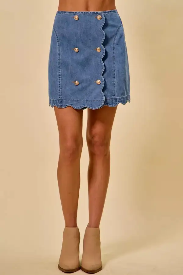 Polished Button Front Denim Silhouette Skirt