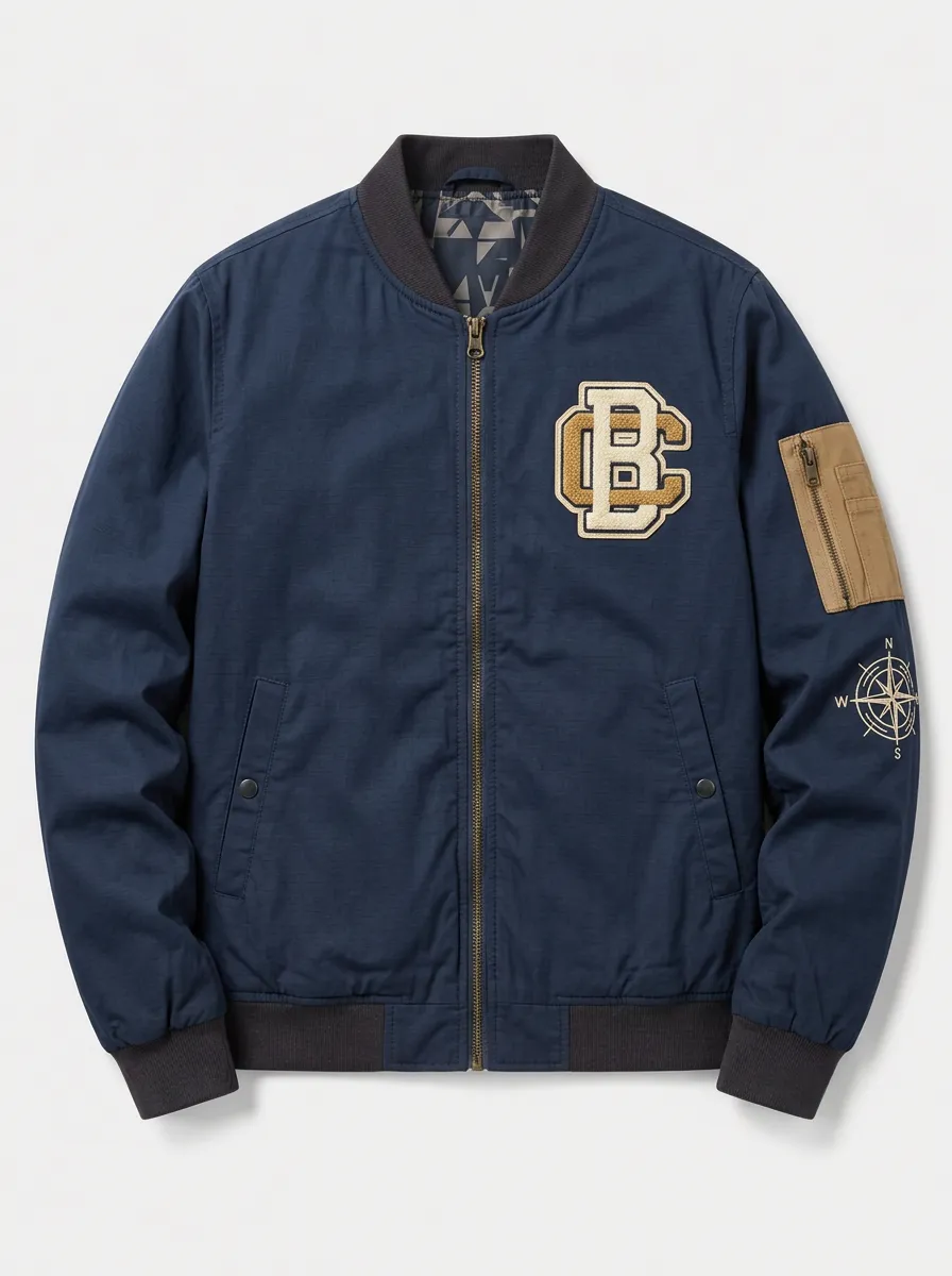 Men's Varsity BC Logo Compass Print Embroidered Bomber Jacket