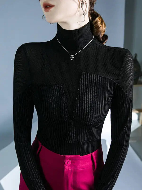Long Sleeve Slim Fit Contrast Panel Detail High Neck T-Shirt