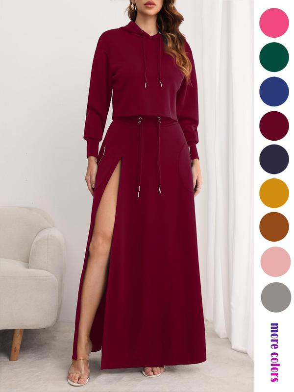 Women'S Solid Drawstring Hoodie & Split Thigh Skirt Set, Long Sleeve Top & Pocket Long Skirt, Casual Fashion Cozy Co-Ord Set, Women Clothes