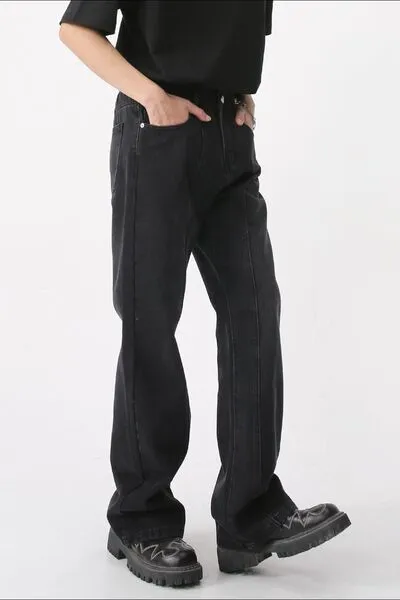 Mid-Rise Washed Elastic-Waist Stretch Straight Leg Jeans