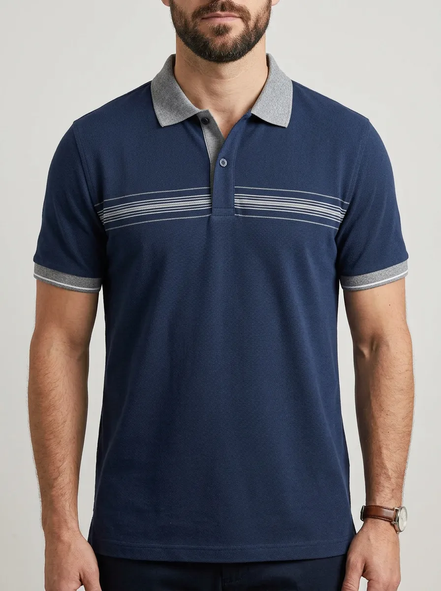 Men's Knit Textured Horizontal-Stripe Contrast-Collar Polo Shirt